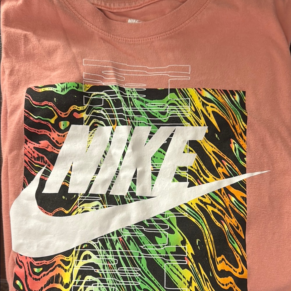 Nike Pink Tee with Vibrant Multicolor Graphic